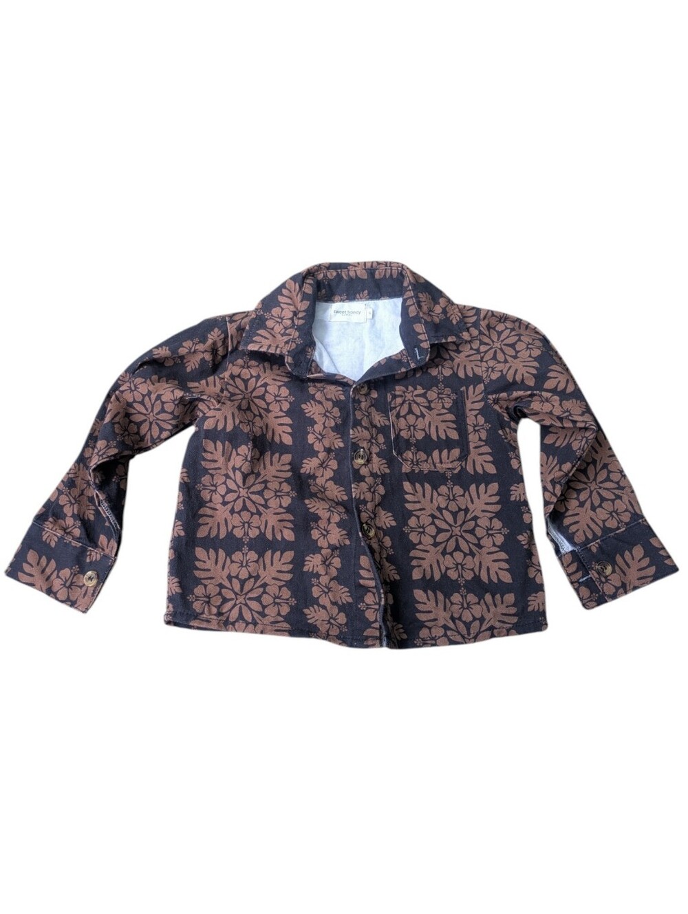 Sweet Honey Hawaii Floral Black Brown Button Long Sleeve